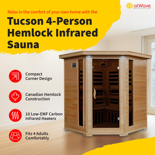 HeatWave | Tucson 4-Person Hemlock Corner Infrared Sauna | 10 Carbon Heaters | SA2420DX