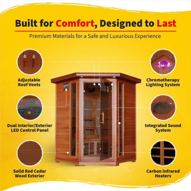 Heatwave Hudson Bay 3-Person Corner Infrared Sauna with 7 Low-EMF Carbon Heaters | Cedar | 1805W