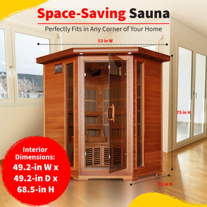 Heatwave Hudson Bay 3-Person Corner Infrared Sauna with 7 Low-EMF Carbon Heaters | Cedar | 1805W