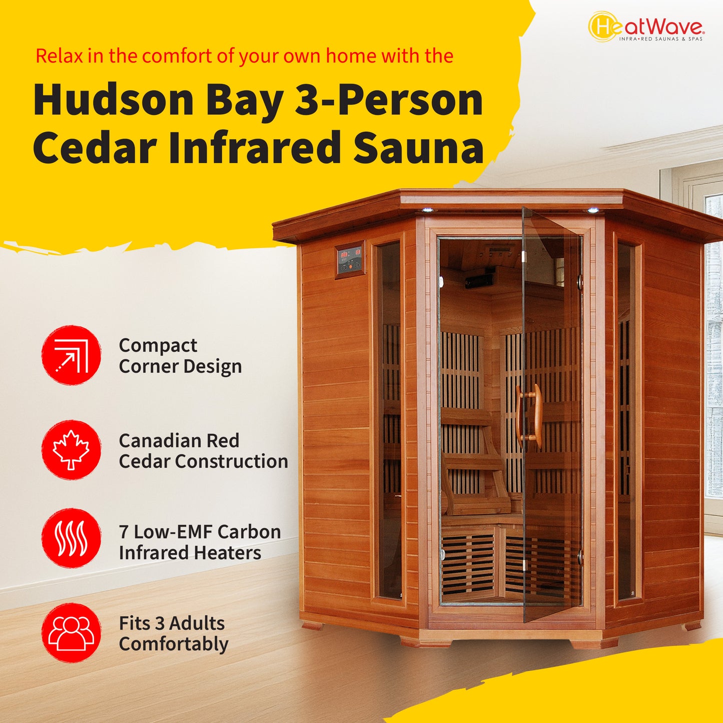 Heatwave Hudson Bay 3-Person Corner Infrared Sauna with 7 Low-EMF Carbon Heaters | Cedar | 1805W