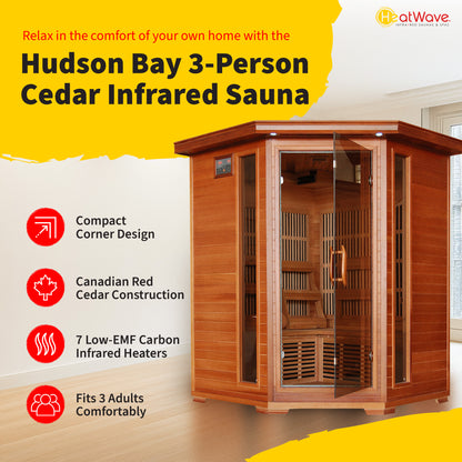 Heatwave Hudson Bay 3-Person Corner Infrared Sauna with 7 Low-EMF Carbon Heaters | Cedar | 1805W