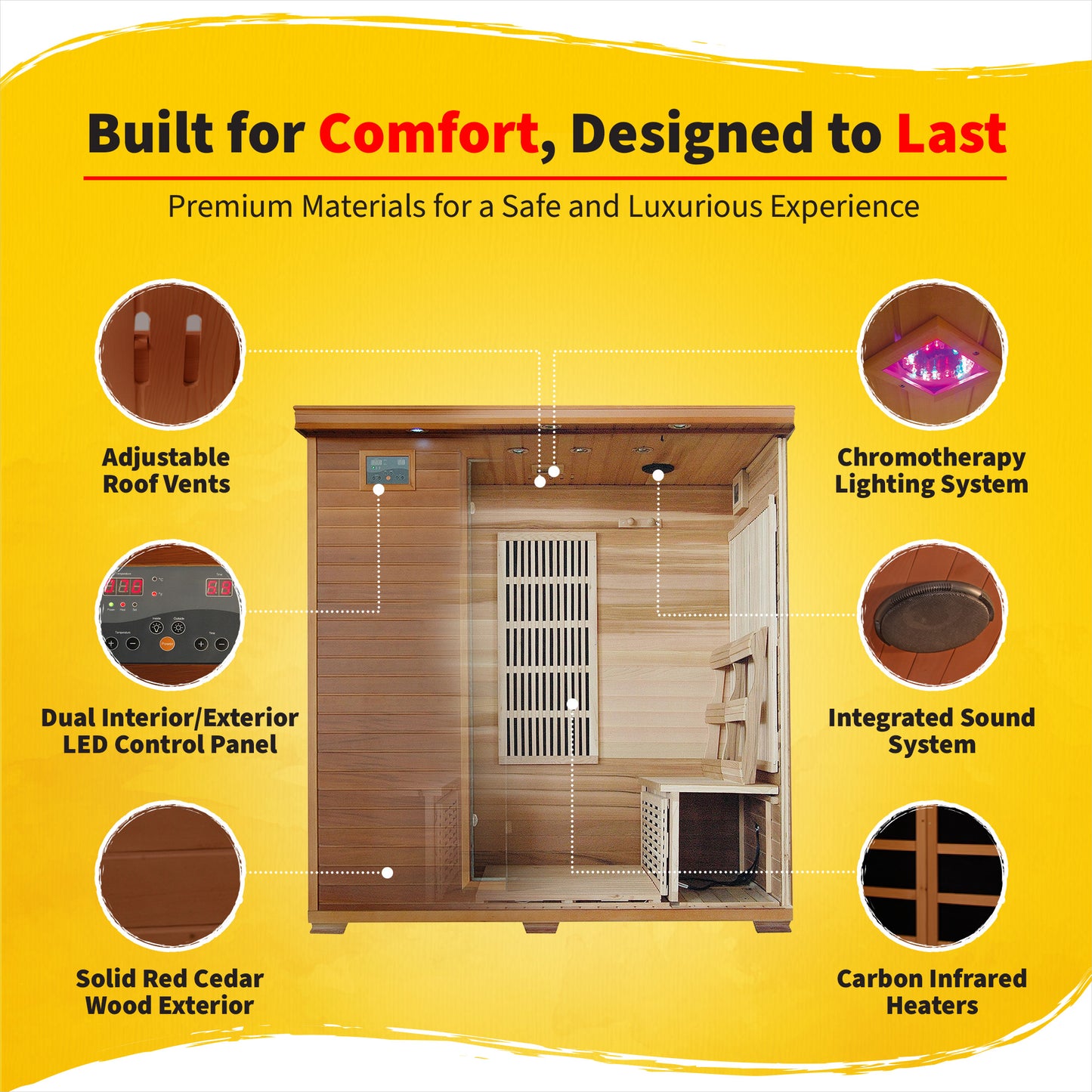 HeatWave Klondike 4-Person Cedar Infrared Sauna with 9 Low-EMF Carbon Heaters | 2370W | ETL Certified