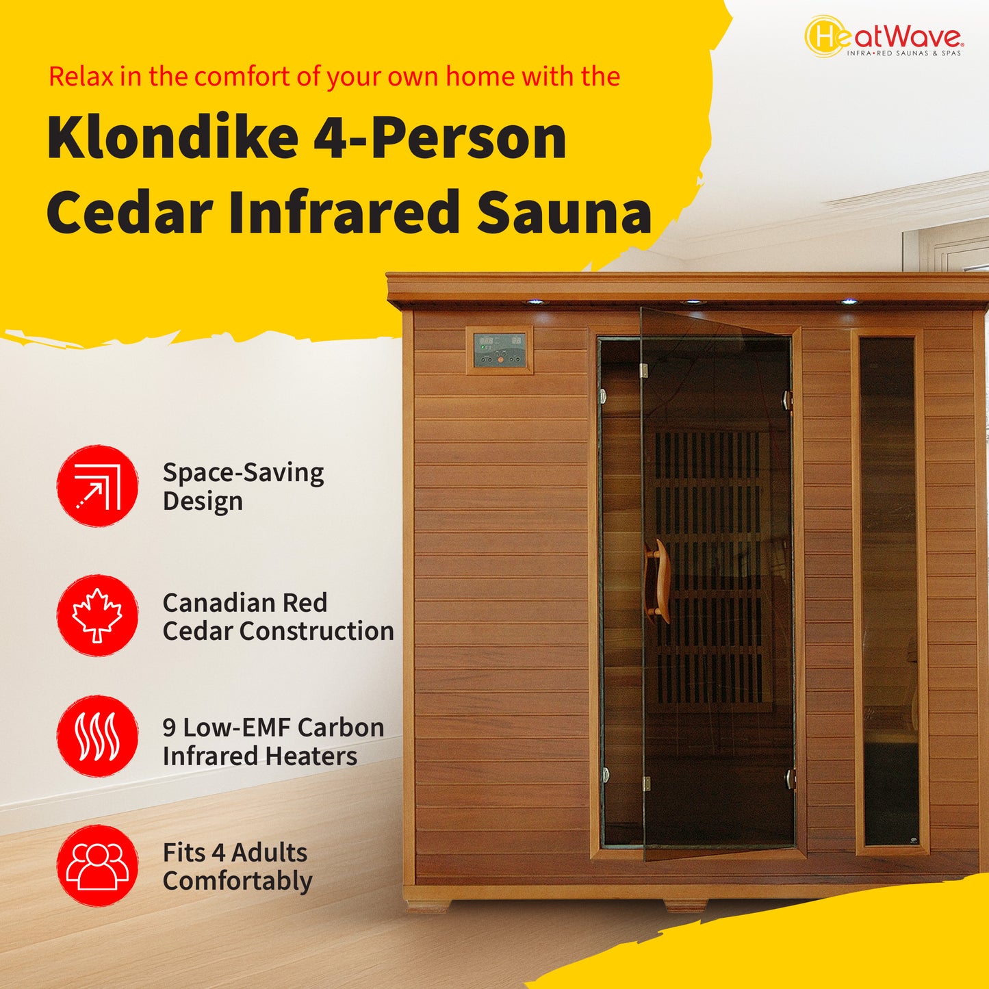 HeatWave Klondike 4-Person Cedar Infrared Sauna with 9 Low-EMF Carbon Heaters | 2370W | ETL Certified