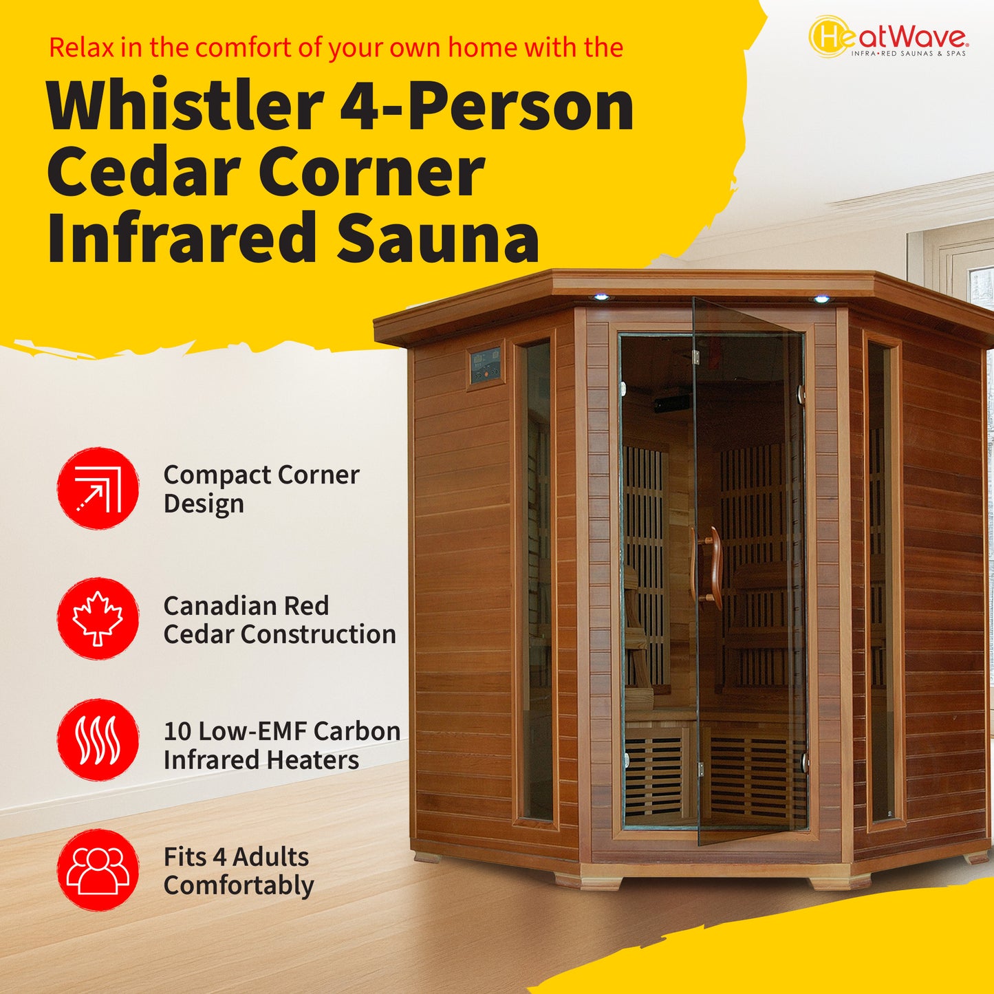 HeatWave Whistler 4-Person Corner Infrared Sauna | 10 Carbon Heaters