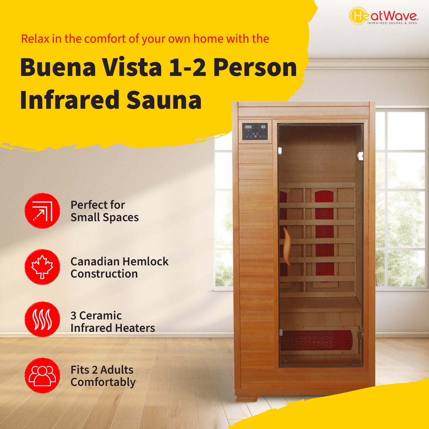 HeatWave Buena Vista 1–2 Person Hemlock Infrared Sauna with 3 Ceramic Heaters | SA2400