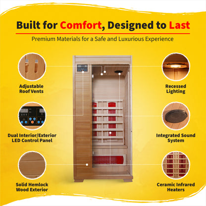 HeatWave Buena Vista 1–2 Person Hemlock Infrared Sauna with 3 Ceramic Heaters | SA2400