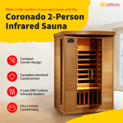HeatWave Coronado 2-Person Infrared Sauna | 6 Carbon Heaters | Chromotherapy | Canadian Hemlock SA2409