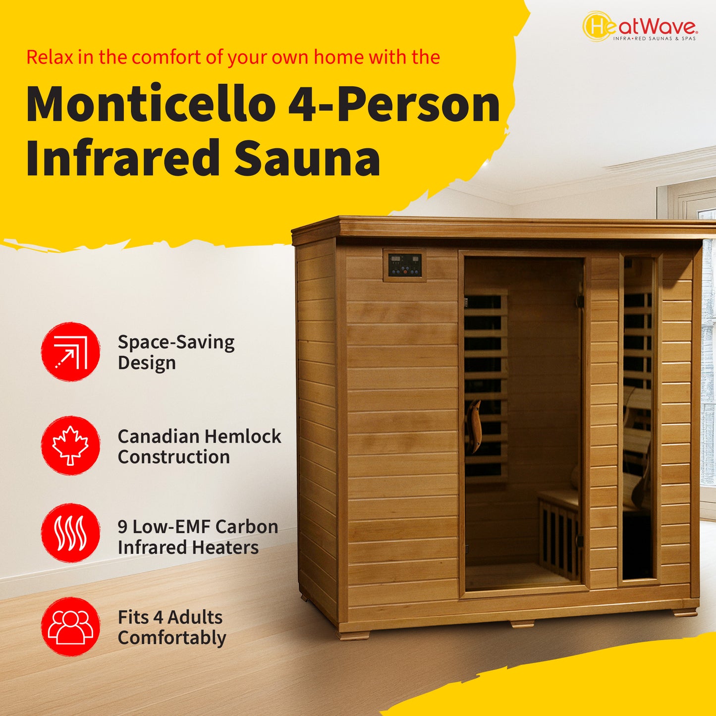 HeatWave | Monticello 4-Person Hemlock Infrared Sauna | 9 Carbon Heaters | SA2418