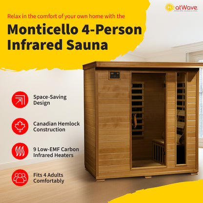 HeatWave | Monticello 4-Person Hemlock Infrared Sauna | 9 Carbon Heaters | SA2418