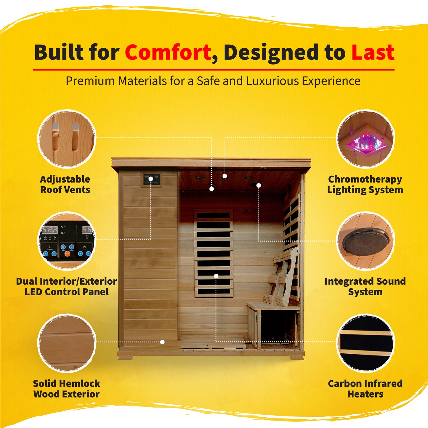 HeatWave | Monticello 4-Person Hemlock Infrared Sauna | 9 Carbon Heaters | SA2418