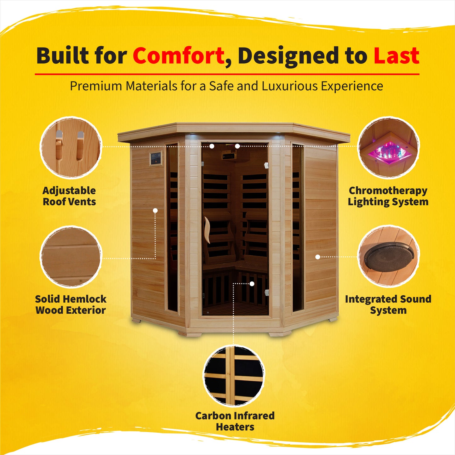 HeatWave | Tucson 4-Person Hemlock Corner Infrared Sauna | 10 Carbon Heaters | SA2420DX