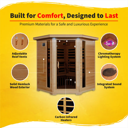 HeatWave | Tucson 4-Person Hemlock Corner Infrared Sauna | 10 Carbon Heaters | SA2420DX