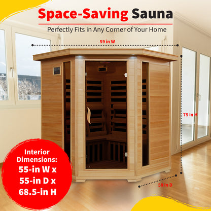 HeatWave | Tucson 4-Person Hemlock Corner Infrared Sauna | 10 Carbon Heaters | SA2420DX
