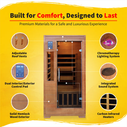 HeatWave | Majestic 1-2 Person Hemlock Infrared Sauna | 5 Carbon Heaters | SA3202