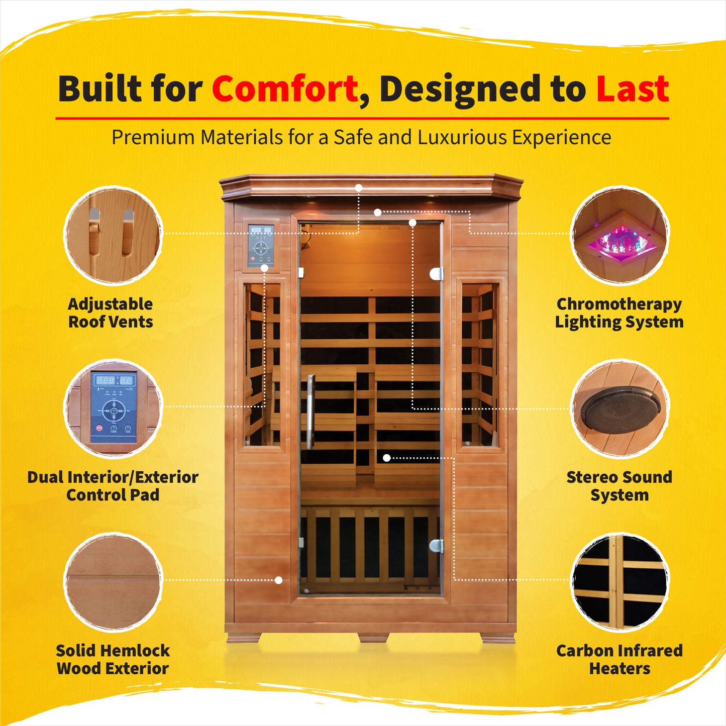 HeatWave | 2-Person Hemlock Premium Infrared Sauna with 6 Carbon Heaters | 1,725W |SA3209 | ETL Listed