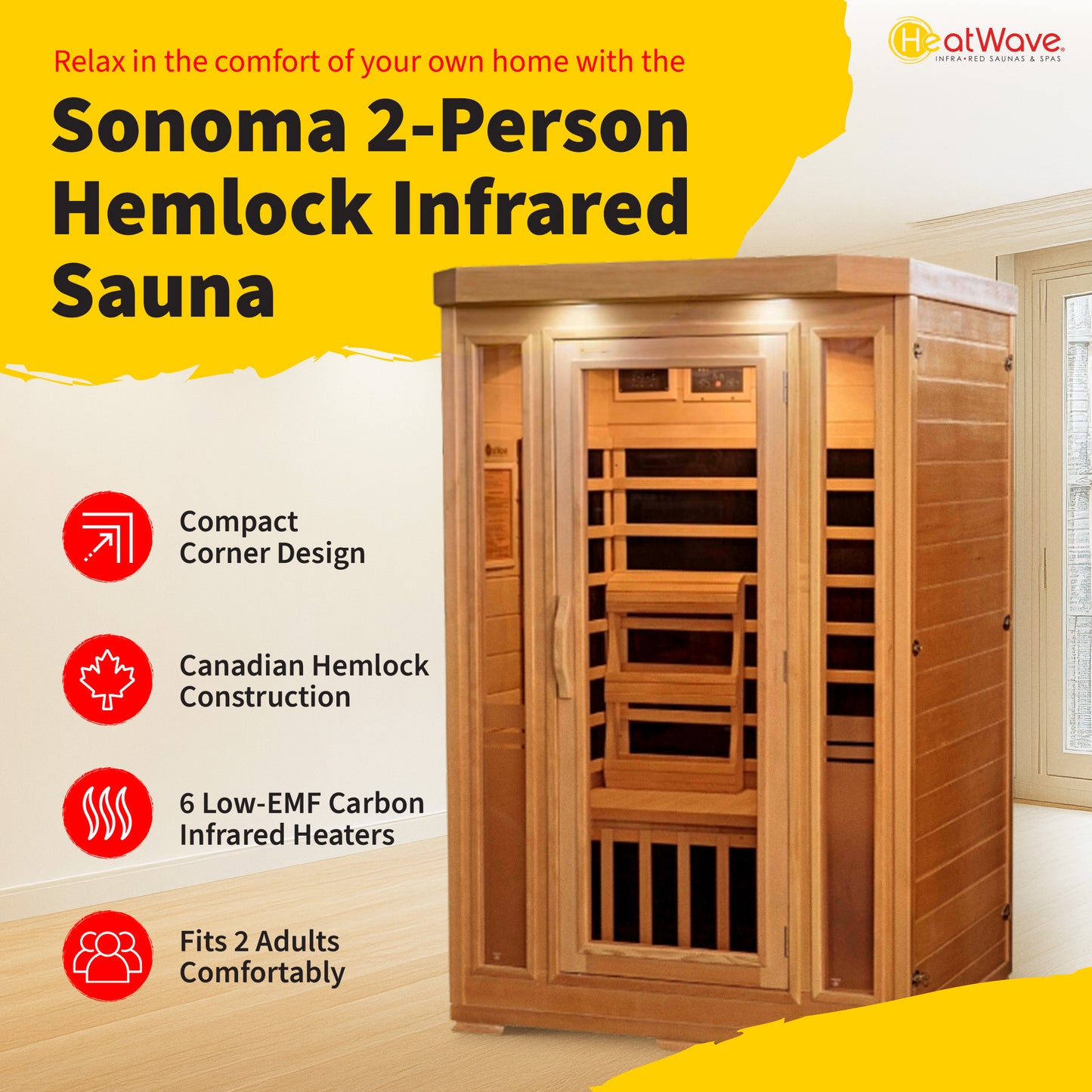 HeatWave | Sonoma 2-Person Hemlock Infrared Sauna with 6 Low-EMF Carbon Heaters | 1,725W | Compact Corner Design | SA7018