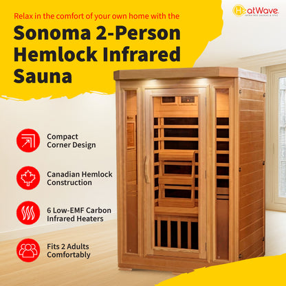 HeatWave | Sonoma 2-Person Hemlock Infrared Sauna with 6 Low-EMF Carbon Heaters | 1,725W | Compact Corner Design | SA7018