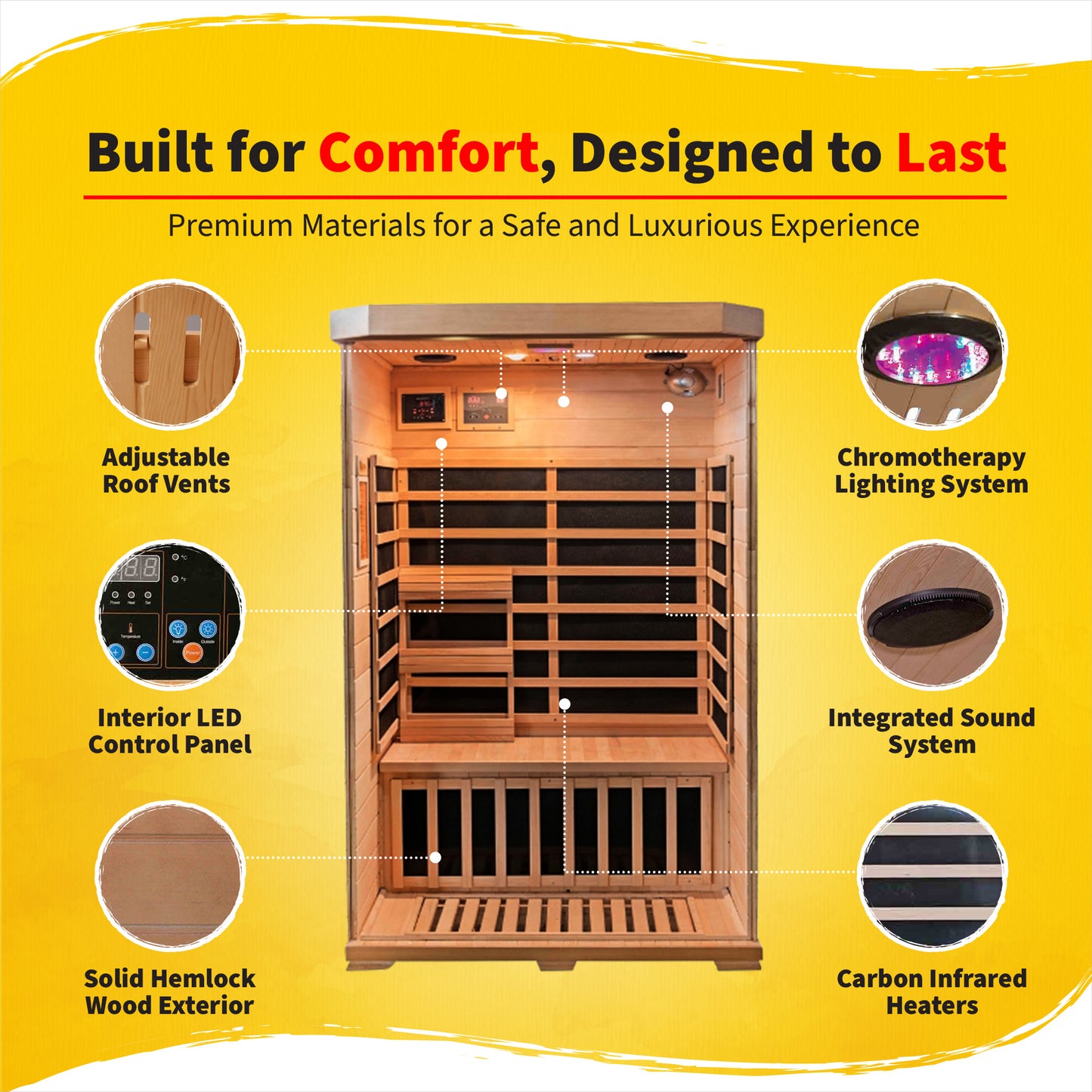 HeatWave | Sonoma 2-Person Hemlock Infrared Sauna with 6 Low-EMF Carbon Heaters | 1,725W | Compact Corner Design | SA7018