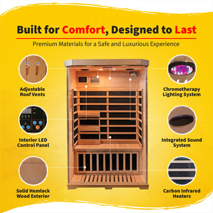 HeatWave | Sonoma 2-Person Hemlock Infrared Sauna with 6 Low-EMF Carbon Heaters | 1,725W | Compact Corner Design | SA7018