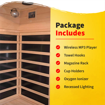 HeatWave | Sonoma 2-Person Hemlock Infrared Sauna with 6 Low-EMF Carbon Heaters | 1,725W | Compact Corner Design | SA7018