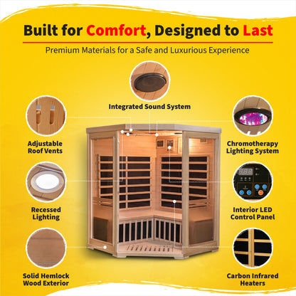 HeatWave | Sonoma 3-Person Hemlock Infrared Corner Sauna with 7 Carbon Heaters | SA7019