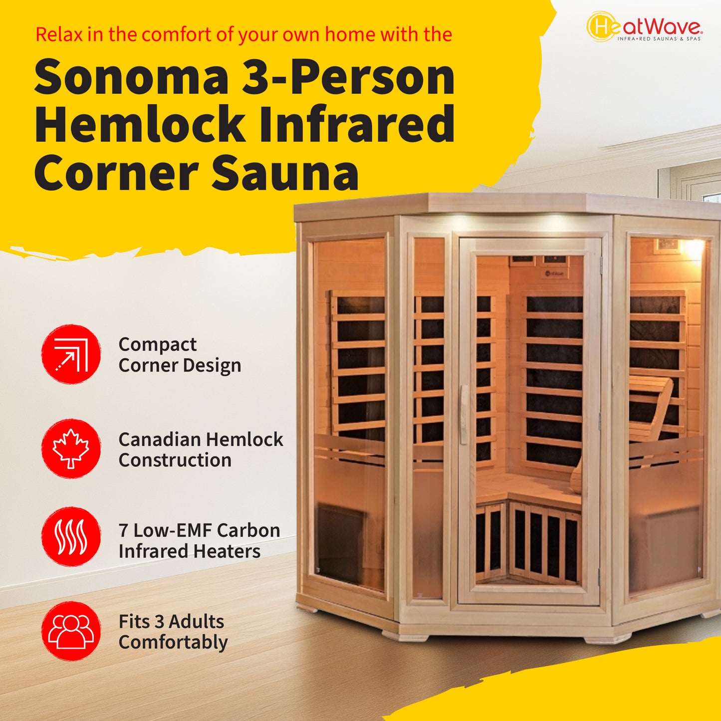 HeatWave | Sonoma 3-Person Hemlock Infrared Corner Sauna with 7 Carbon Heaters | SA7019