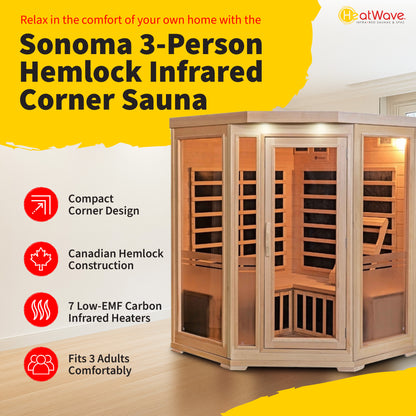 HeatWave | Sonoma 3-Person Hemlock Infrared Corner Sauna with 7 Carbon Heaters | SA7019