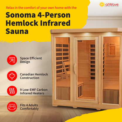 HeatWave Sonoma 4-Person Hemlock Infrared Sauna with 9 Carbon Heaters | 2,100W | SA7020