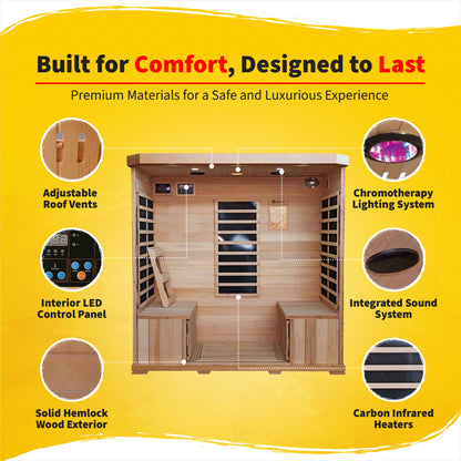 HeatWave Sonoma 4-Person Hemlock Infrared Sauna with 9 Carbon Heaters | 2,100W | SA7020