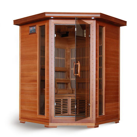 Heatwave Hudson Bay 3-Person Corner Infrared Sauna with 7 Low-EMF Carbon Heaters | Cedar | 1805W